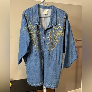 Vintage Pado Oversized Blue Denim Jacket with Gold Embroidery and Embellishment